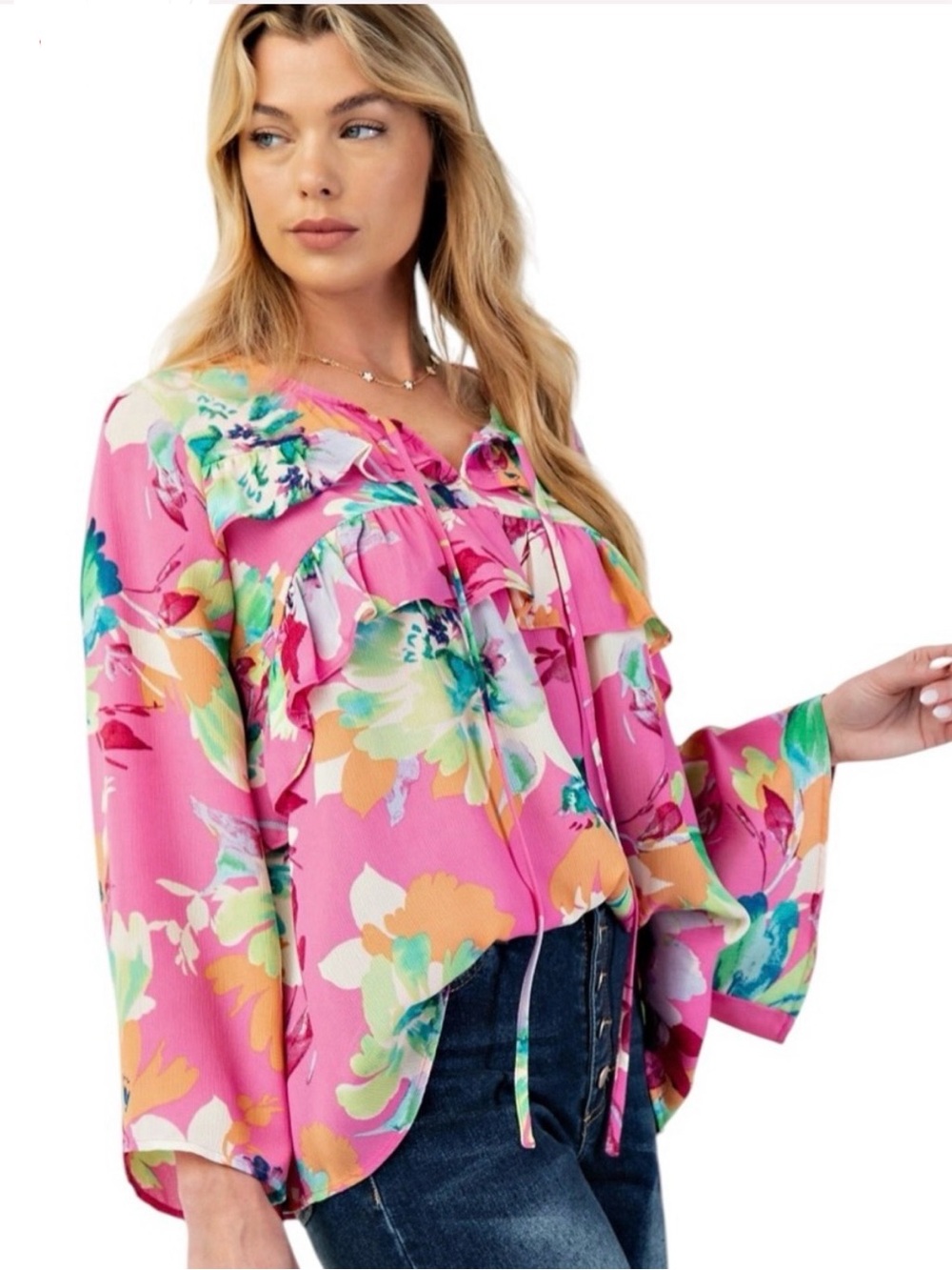 easel Pink Floral Ruffle Trim Tie-Neck Blouse